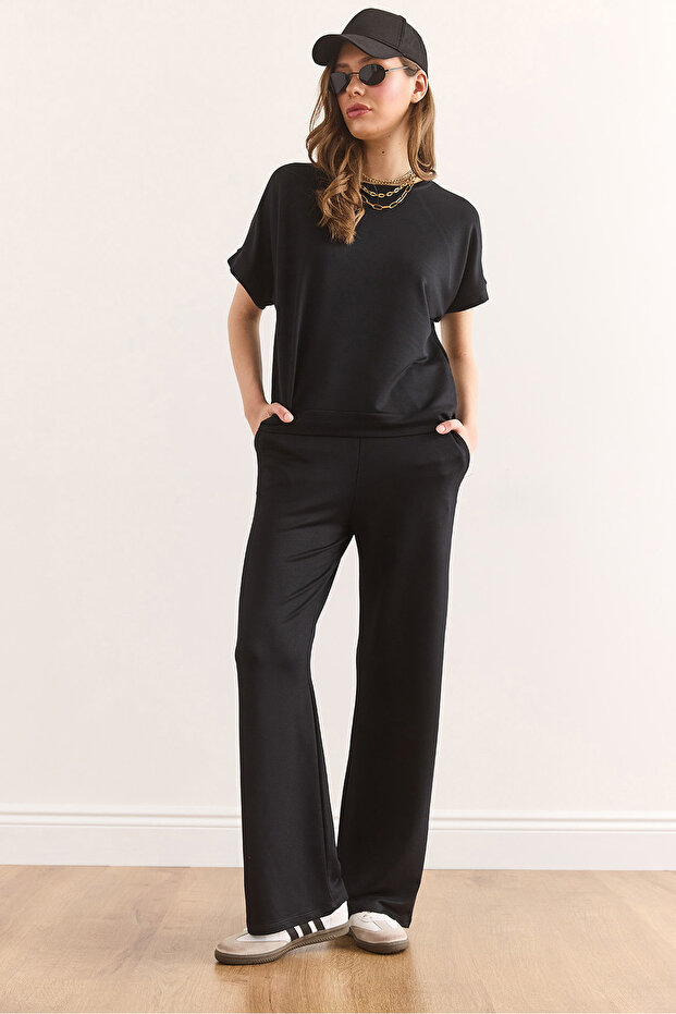 Women Black Top Blouse Bottom Pocket Pants Suit Tkm-19000378