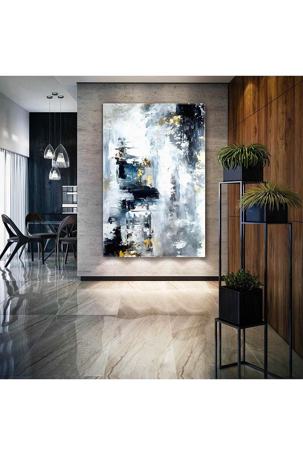 Gold Detaylı Mermer Deseni Soyut Abstract Dikey Kanvas Tablo - 1