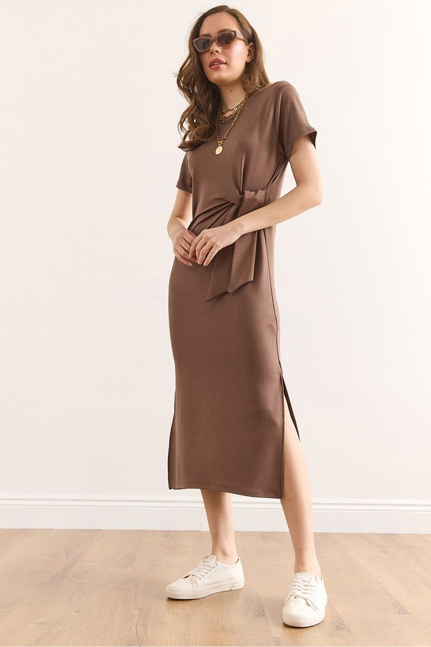 Women's Brown Waist Detailed Slit Soft Textured Dress Elb-19002395