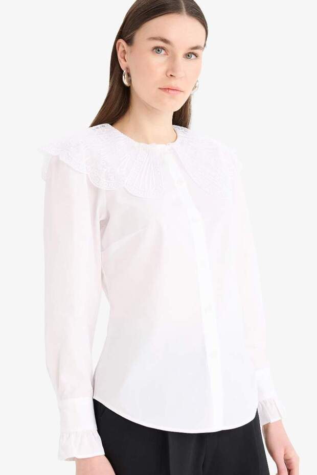 Yeni Sezon Regular Fit Geniş Yakalı Poplin Uzun Kollu Gömlek Tunik - 4