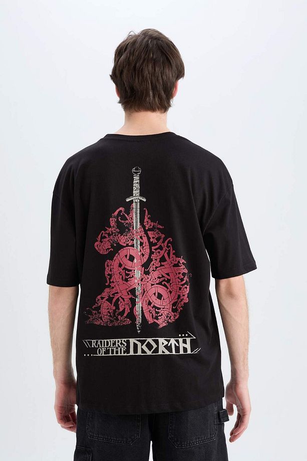 %100 Pamuk Vikings Valhalla Oversize Geniş Kalıp Bisiklet Yaka Sırt Baskılı Kısa Kollu Tişört A6308A - 7