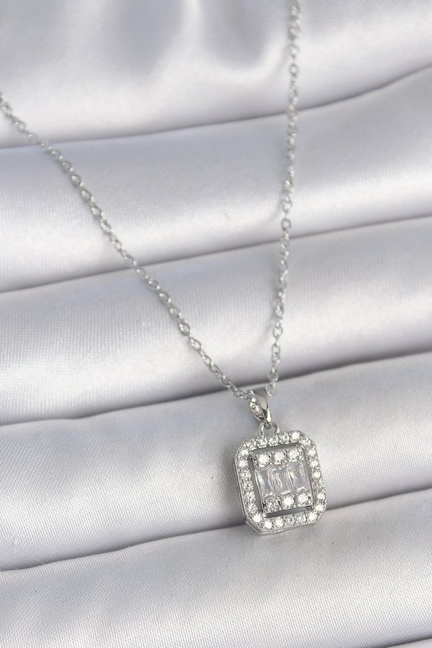 316L Steel Silver Color Chain Square Zircon Stone Women's Necklace