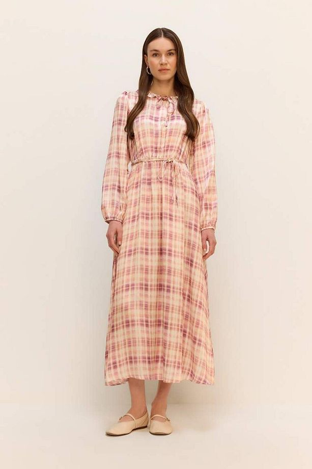 Regular Fit Gömlek Yaka Desenli Saten Uzun Kollu Maxi Elbise F2725ax25sm - 2