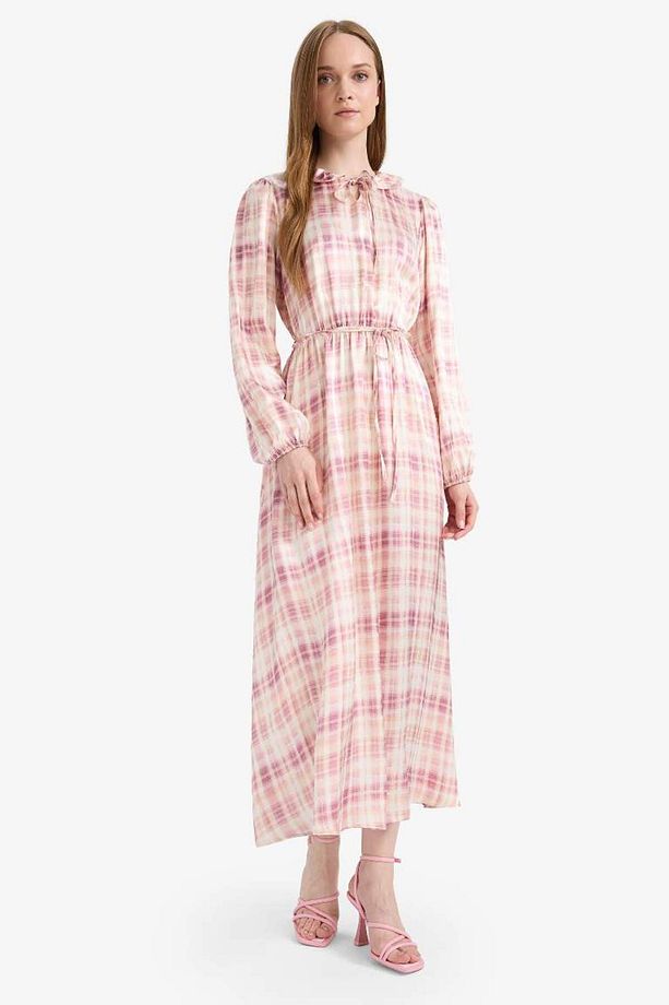 Regular Fit Gömlek Yaka Desenli Saten Uzun Kollu Maxi Elbise F2725ax25sm - 6