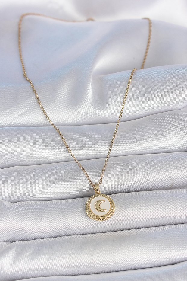 Gold Color White Enamel Crescent Medallion Women's Necklace (316L Steel)