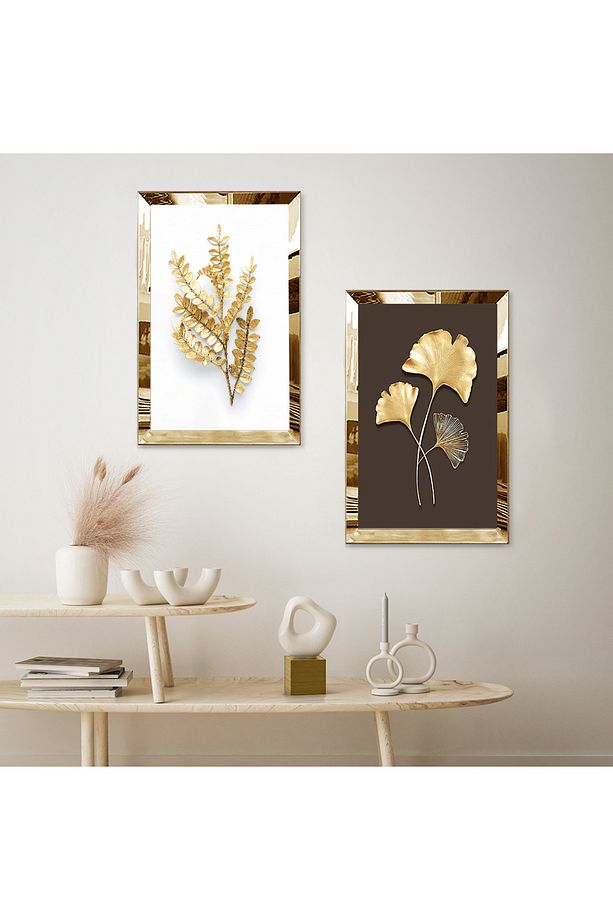 GOLD AYNALI PLEKSİ ÇERÇEVELİ KAHVERENGİ BEYAZ ARKA PLANLI GOLD ÇİÇEK İKİLİ MDF TABLO SETİ - 2