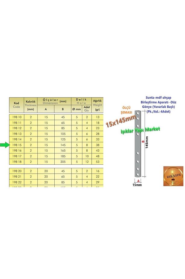 Sunta-mdf-ahşap Birleştirme Aparatı -düz Gönye (YUVARLAK BAŞLI) -15x145mm (PK./AD.: 4ADET) - 2