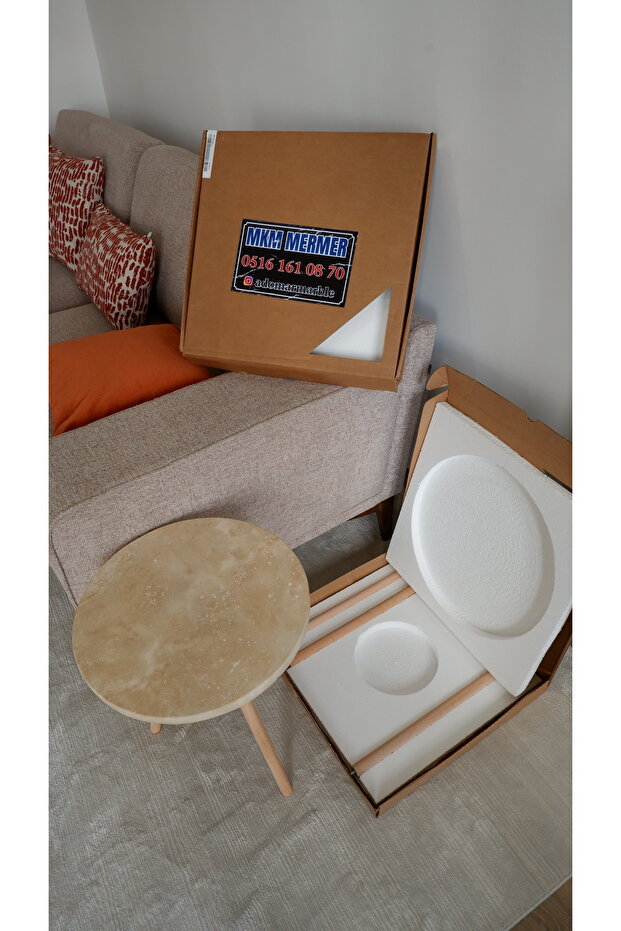 Gerçek Traverten Sehpa - Bej Ahşap Ayaklı - 3