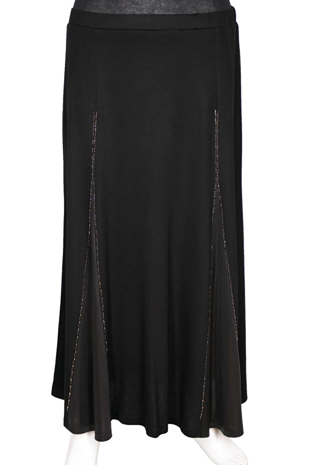 Women's Large Size Black Unlined Skirt with Stones and Leather