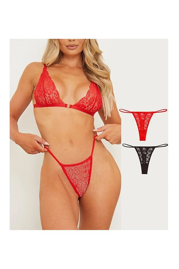 Kadın Şort Etek Altı İp Lastikli dantelli String Tanga 2 Adet - 1