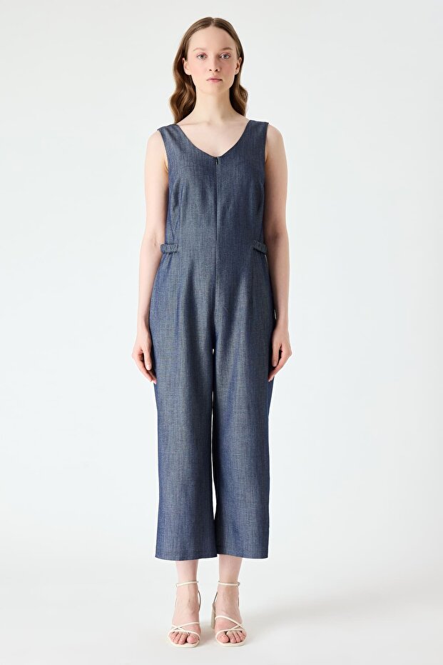 Denim görünümlü viskon tulum - 1