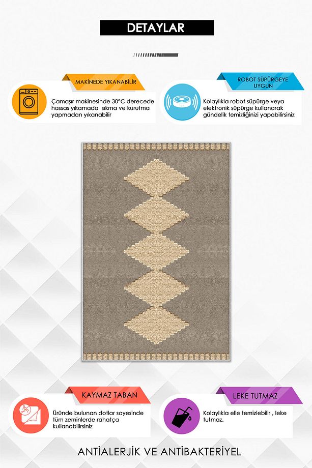 Makinede Yıkanabilir Kaymaz Taban Leke Tutmaz vizon Salon Halısı Mutfak Halısı ve Yolluk - 3