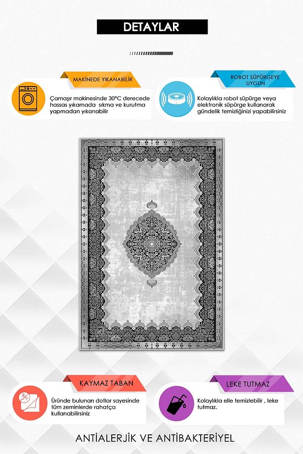 Makinede Yıkanabilir Kaymaz Taban Leke Tutmaz Gri Salon Halısı Mutfak Halısı ve Yolluk - 3