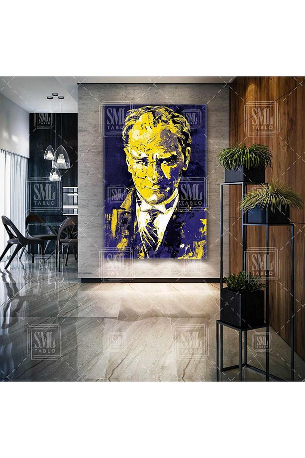 Mustafa Kemal Atatürk Sarı Lacivert Fenebahçe Dikey Kanvas Tablo - 1