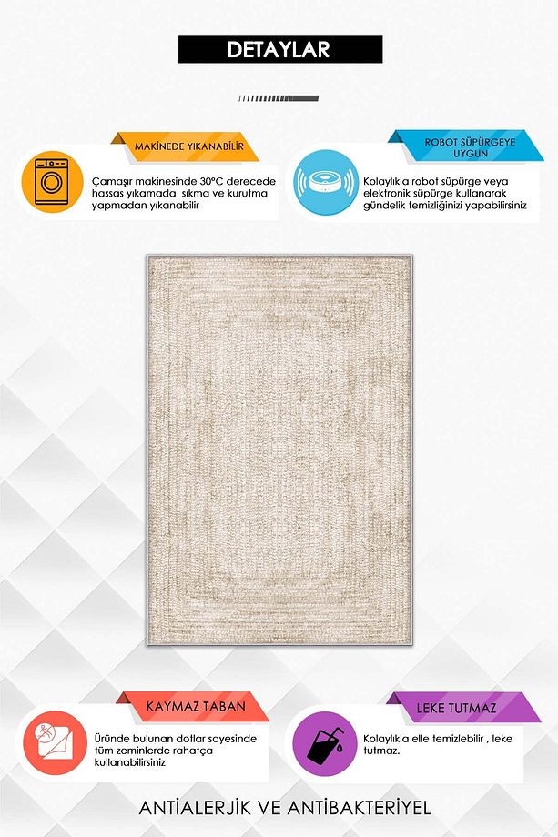 Makinede Yıkanabilir Kaymaz Taban Leke Tutmaz Krem Salon Halısı Mutfak Halısı ve Yolluk - 3