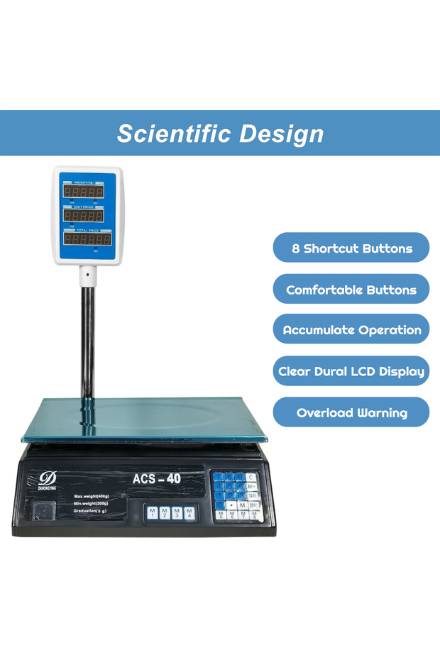 Digital Price Computing Scale - Max Weight 40kg, 5g Graduation, LCD Display, Versatile Use (ACS-40) - 2
