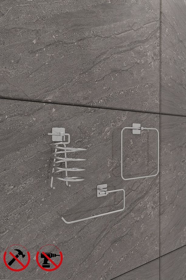 Scilla Kare Krom 3'lü Yapışkanlı Banyo Seti | Kare Havluluk, Solo Havluluk, Kare Fön Makinesi Askısı - 3