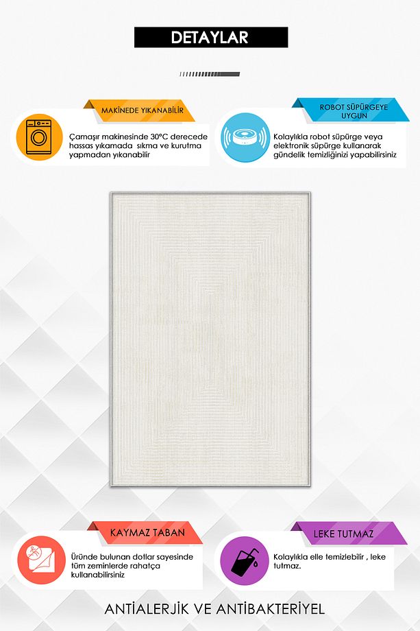 Makinede Yıkanabilir Kaymaz Taban Leke Tutmaz Modern Bej Salon Halısı Mutfak Halısı ve Yolluk - 3