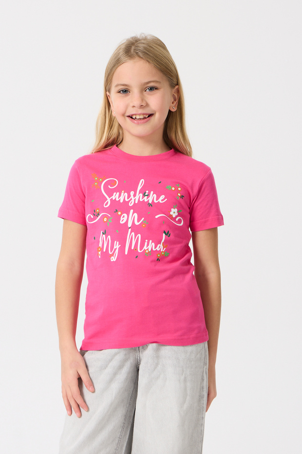Girl's Floral Patterned Printed Crew Neck Cotton Combed T-Shirt