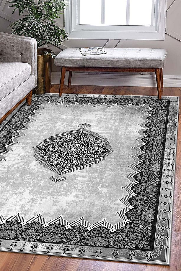 Makinede Yıkanabilir Kaymaz Taban Leke Tutmaz Gri Salon Halısı Mutfak Halısı ve Yolluk - 1