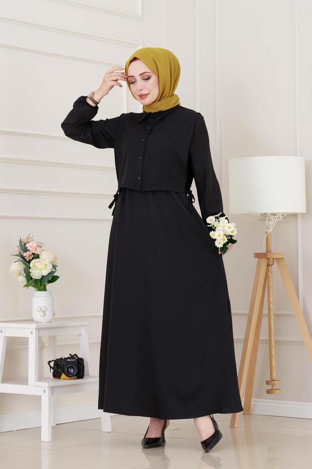 Suit with a Tie on the Side of the Dress-Black