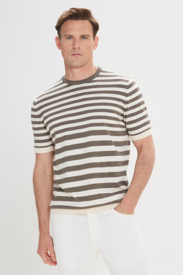 Standard Fit Regular Cut 100% Cotton Striped Crew Neck Khaki-Beige Knitwear T-Shirt
