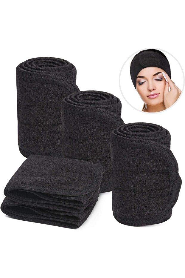 4 Black Headband, Adjustable Spa Facial Headbands Terry Cloth Stretch Make Up Wrap for Face Washing,