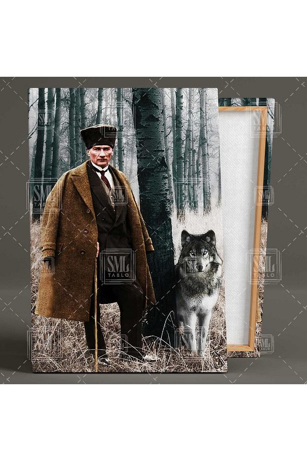 Mustafa Kemal Atatürk Ormanda Asil Kurt Dikey Kanvas Tablo - 2