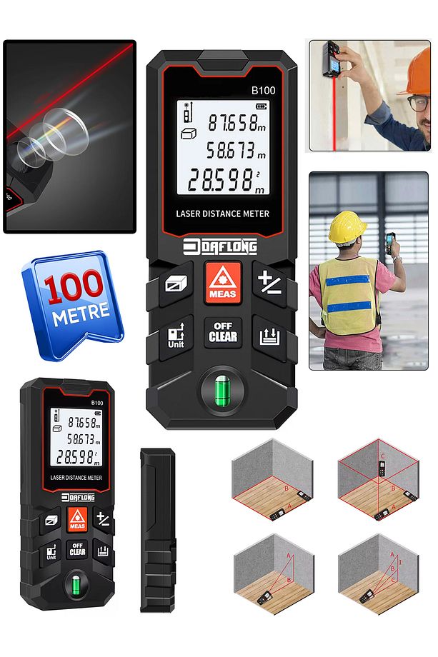 Yüksek Hassasiyet 100 Metre Lazer Metre Ölçer Dijital Ekran Su Terazili Lazermetre DFL-100 - 2