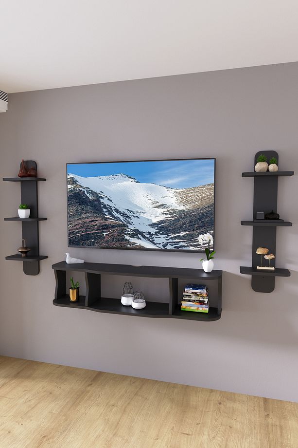 120cm Ayaksız Duvara Monteli Tv Ünitesi Ve 2 Adet 90cm Uzunluk Duvar Rafı Antrasit Gri - 7