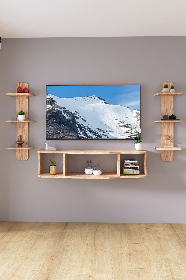 120cm Ayaksız Duvara Monteli Tv Ünitesi Ve 2 Adet 90cm Uzunluk Duvar Rafı Atlantik Çam - 6