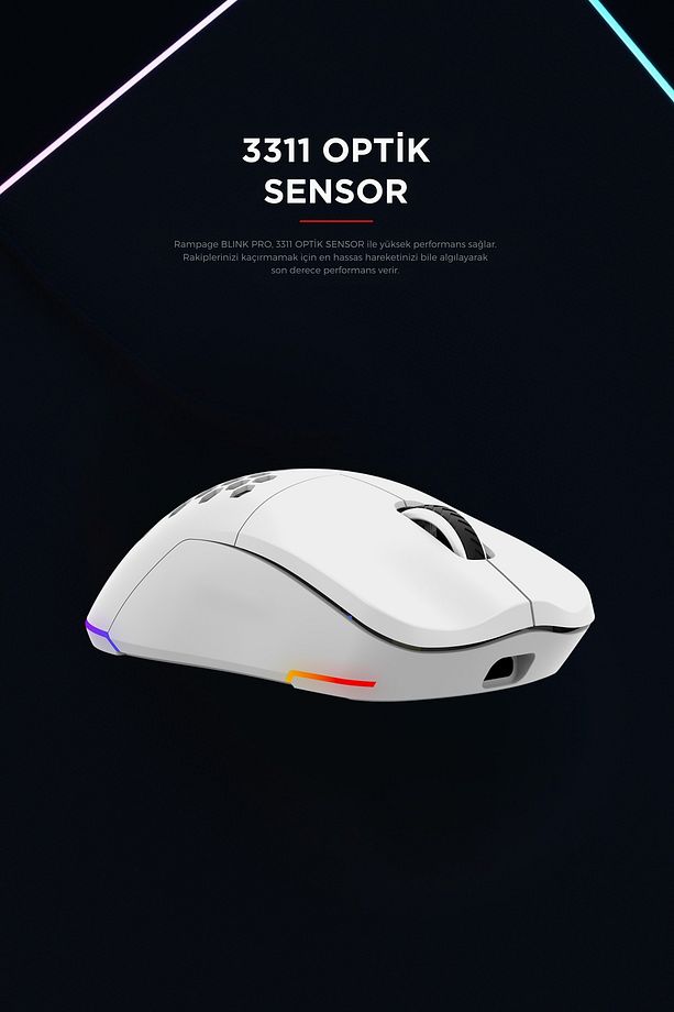 BlinkPro Bluetooth-Kablosuz-Kablolu Rgb Şarjlı 24000 Dpı 3311 Hafif Gaming Mouse Oyuncu Mouse Beyaz - 6