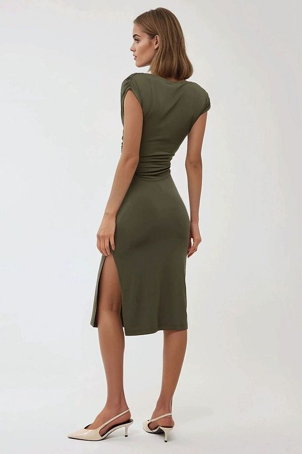 V Yaka Bodycon Midi Elbise - 3