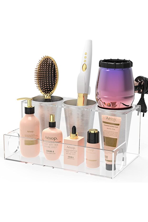 Clear Acrylic Hair Tool Organizer – Countertop Holder for Blow Dryer, Styling Tools, and Accessories