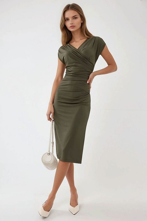 V Yaka Bodycon Midi Elbise - 4