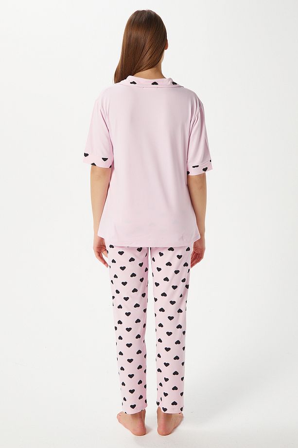 Kadın Lily Yumuşak Doku Pembe Kalpli Ön Düğmeli Kısa Kollu Pijama Takımı - 7