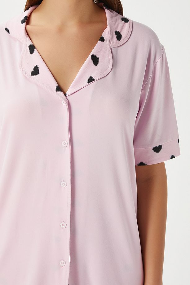 Kadın Lily Yumuşak Doku Pembe Kalpli Ön Düğmeli Kısa Kollu Pijama Takımı - 5