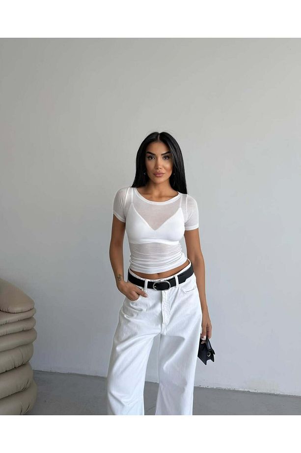KADIN KAYIK YAKA KISA KOLLU TRANSPARAN SOFT TOUCH YUMUŞAK DOKU DÜZ BASİC CROP BLUZ BLZ5579 - 2