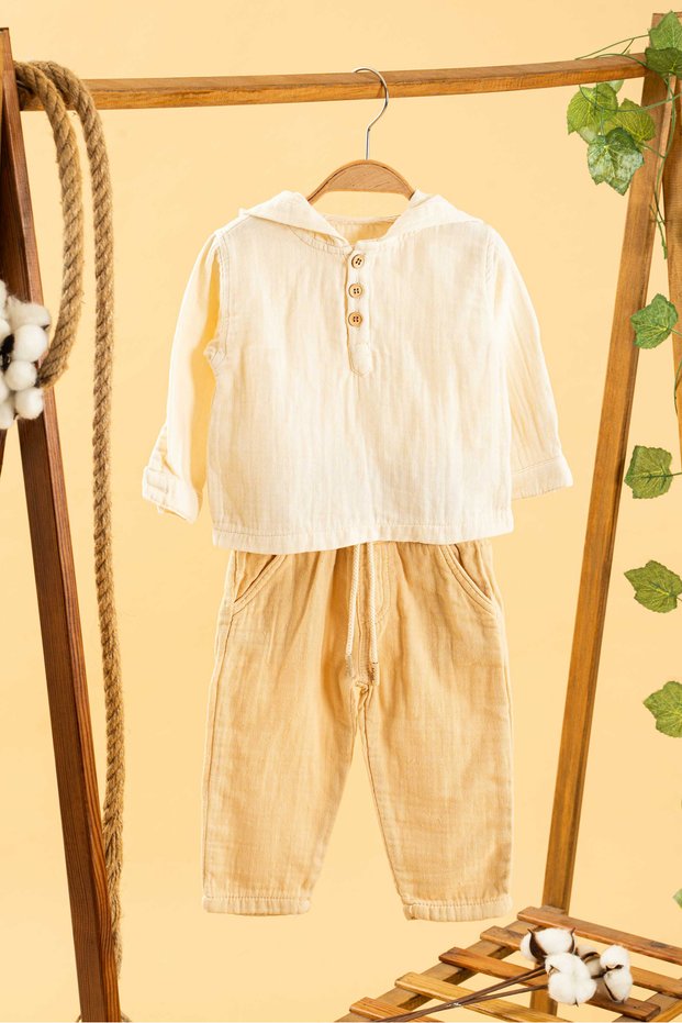 Girl Boy Baby Kids Beige Hooded Comfortable 2 Piece Set Cotton Trend Fashion Bottom Top Set