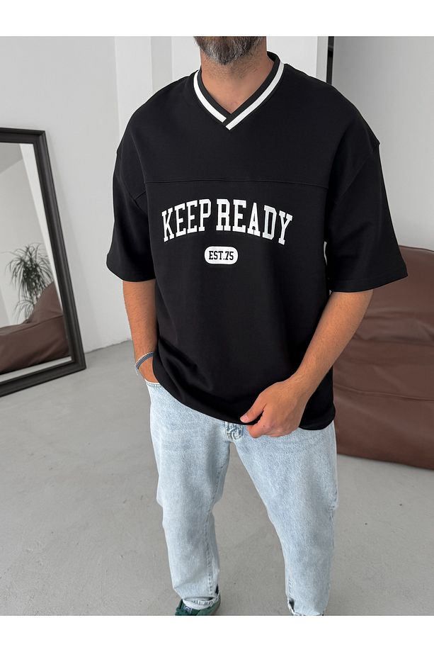 Siyah Keep Ready V Yaka Oversize T-Shirt PM-061 - 1