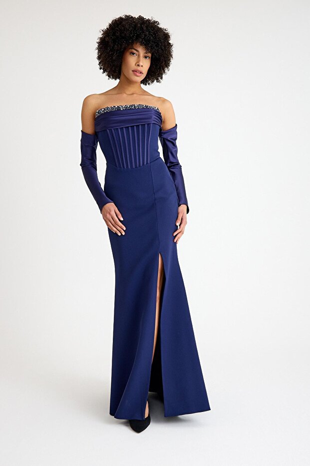 Navy Blue Strapless Evening Dress with Stones on the Front
