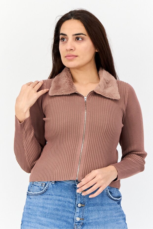 Women Spread Collar Ribbed Zipper Cardigan, Brown