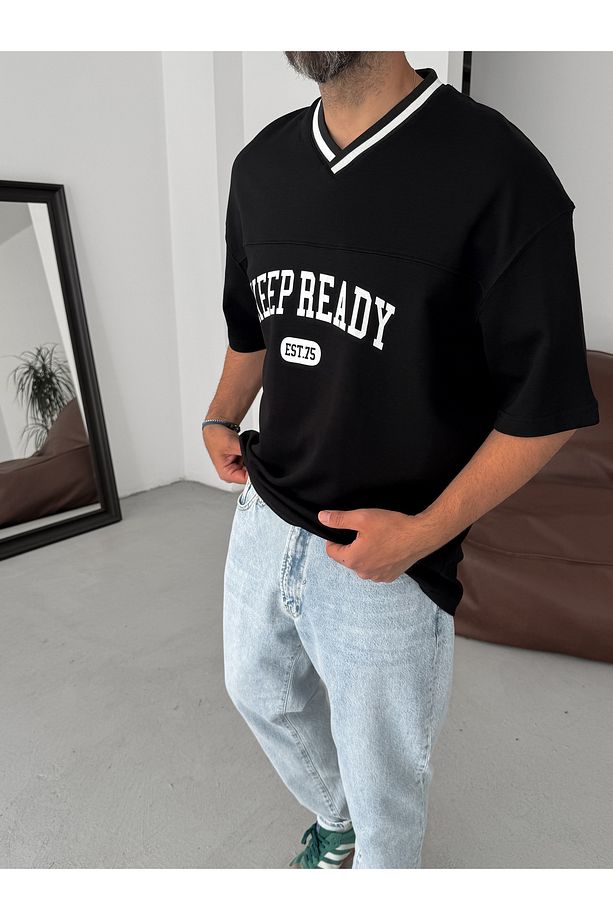 Siyah Keep Ready V Yaka Oversize T-Shirt PM-061 - 3
