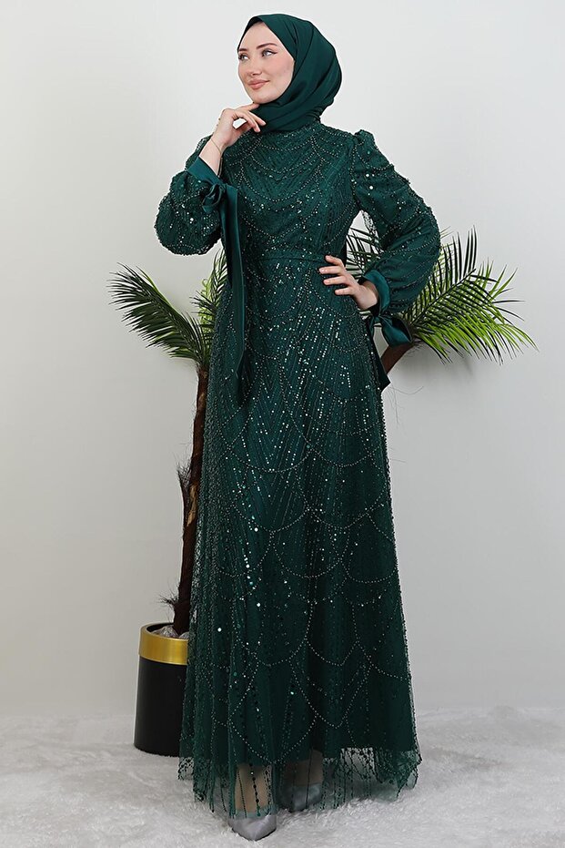 Sleeve Tip Satin Evening Dress Emerald