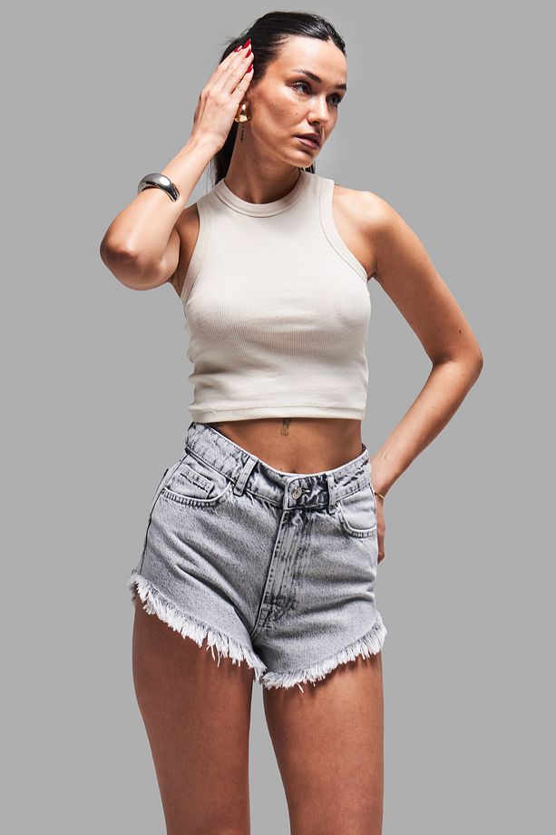 Kadın Gri Renk Luna 3s5-12 %100 Koton Süper Mini Püsküllü Paça Denim Şort - 5