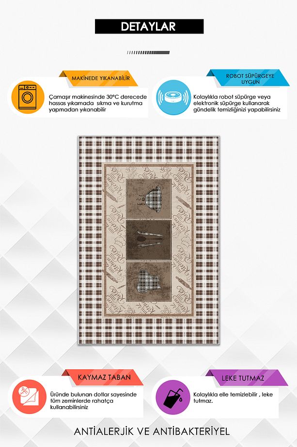 Makinede Yıkanabilir Kaymaz Taban Leke Tutmaz Kahverengi Mutfak Halısı Ve Yolluk - 3
