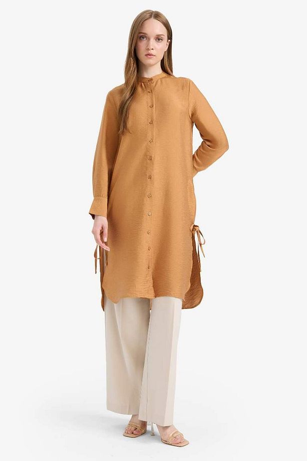 Regular Fit Basic Düz Yanları Bağcıklı Uzun Kollu Tesettür Gömlek Tunik F2182ax25sm - 2