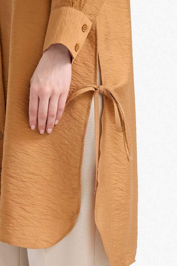 Regular Fit Basic Düz Yanları Bağcıklı Uzun Kollu Tesettür Gömlek Tunik F2182ax25sm - 4