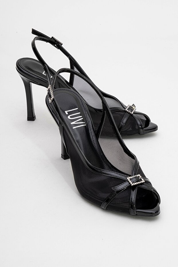 ELYSE Black Patent Leather Mesh Women's High-Heel Evening Shoes