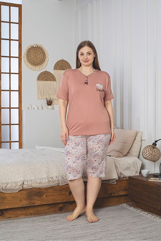 طقم بيجامة كابري من القطن الممشط من الليكرا مقاس كبير - 1